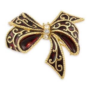 Vintage Monet Holiday Bow Brooch Pin Red Enamel Gold Plated Christmas Jewelry